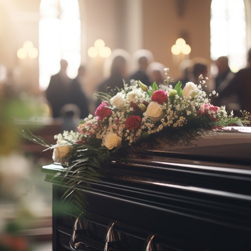 A casket adorned with flowers placed inside a church. Suitable for funeral or memorial service concepts
